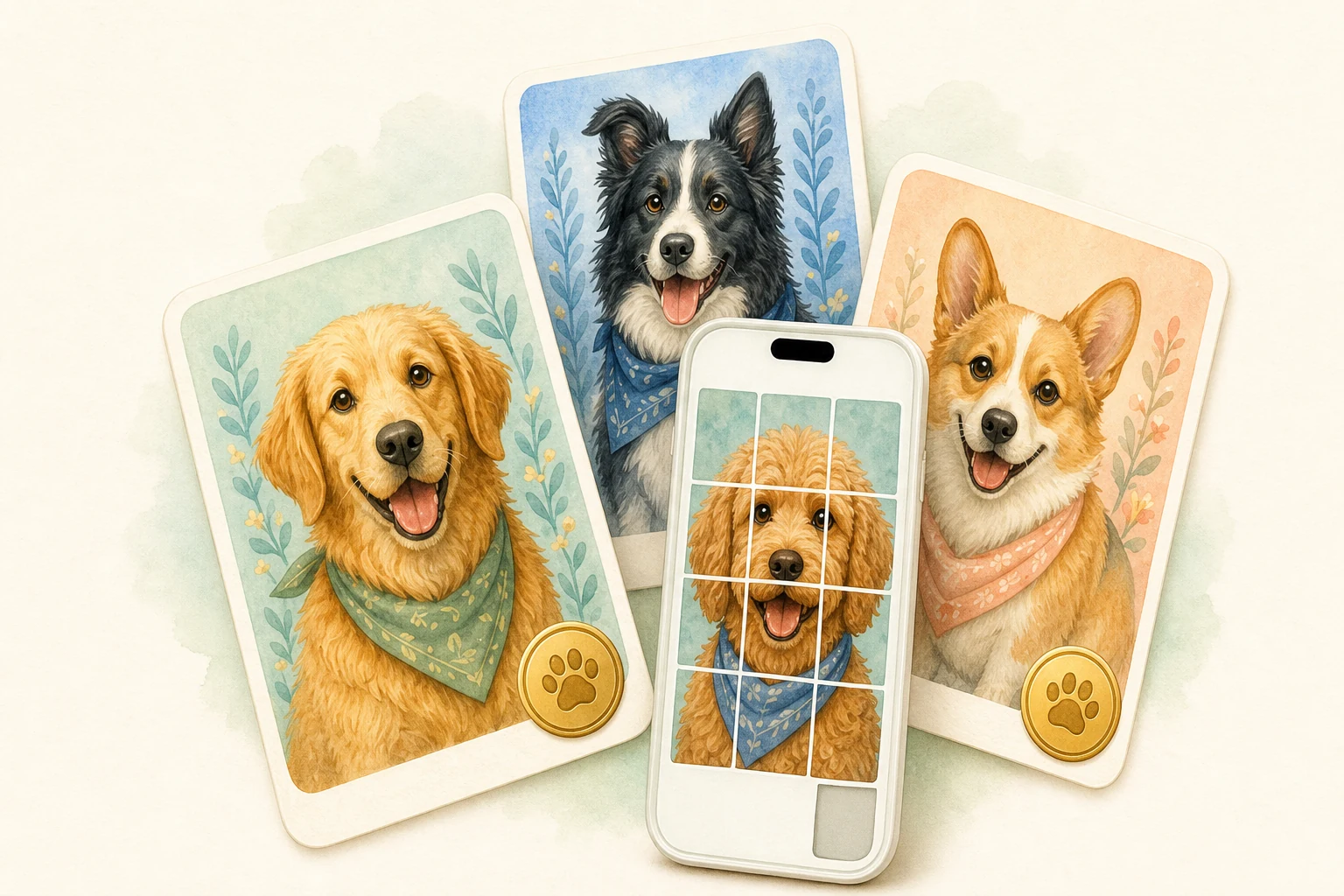Illustrated dog portrait cards and a phone showing a square-tile dog puzzle